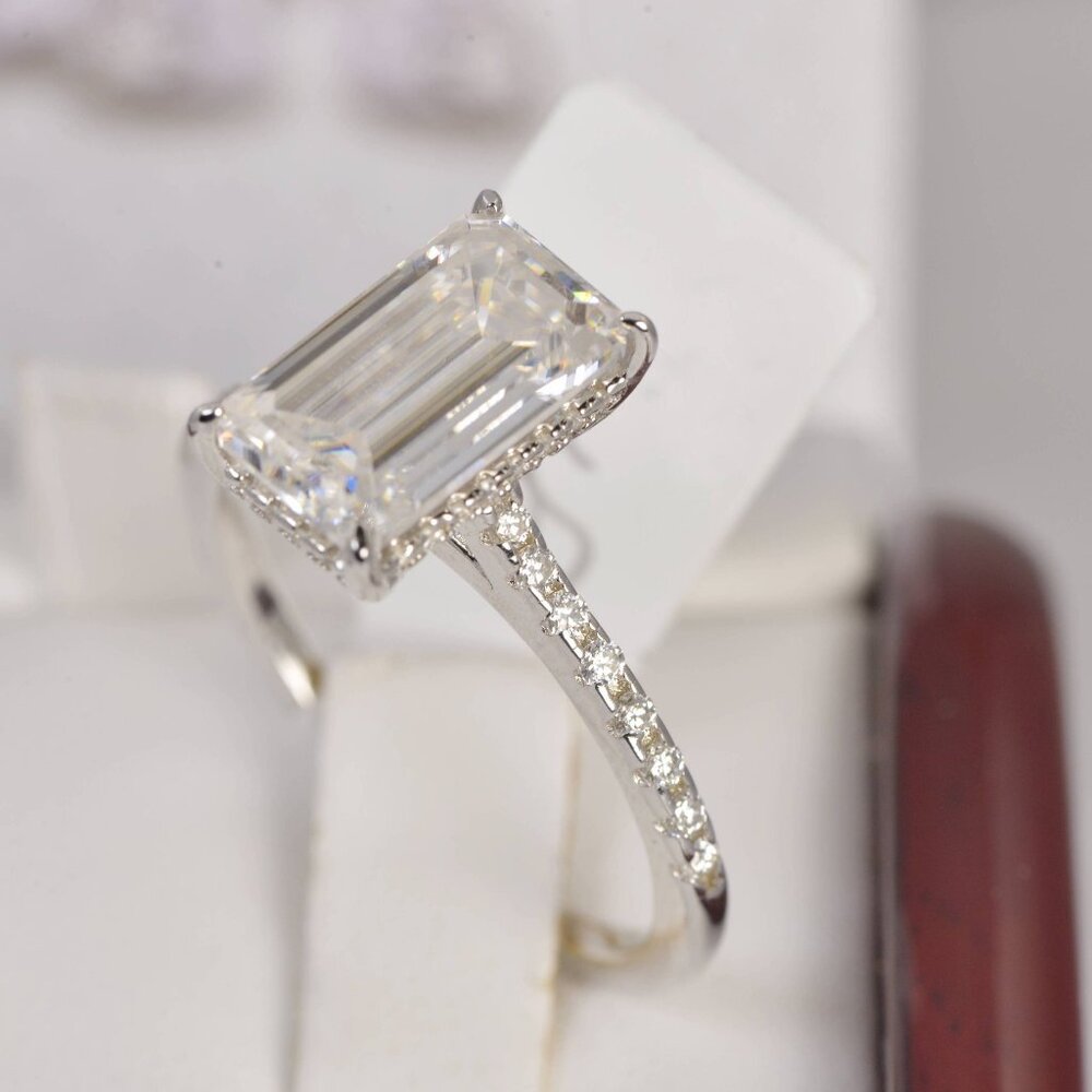 Certified Moissanite Ring 7.88 tcw Emerald Cut Engagement Ring 925